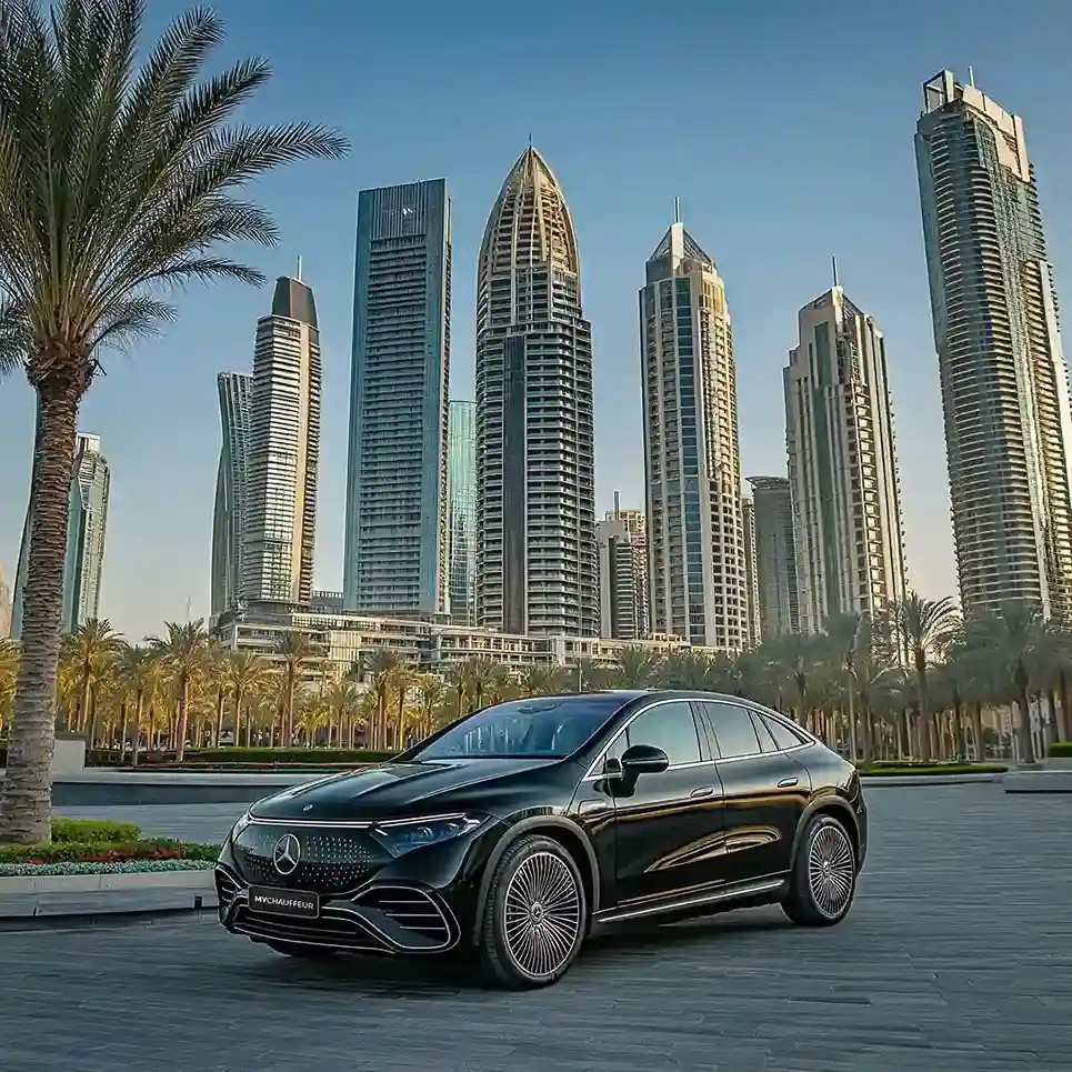 Luxury Mercedes chauffeur car with Dubai Marina skyline, Pure Life Transport UAE